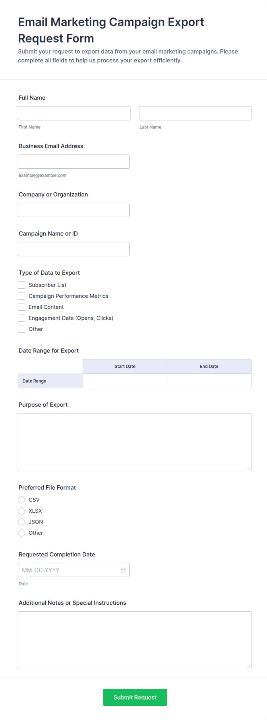 Email Marketing Campaign Export Request Form Template | Jotform