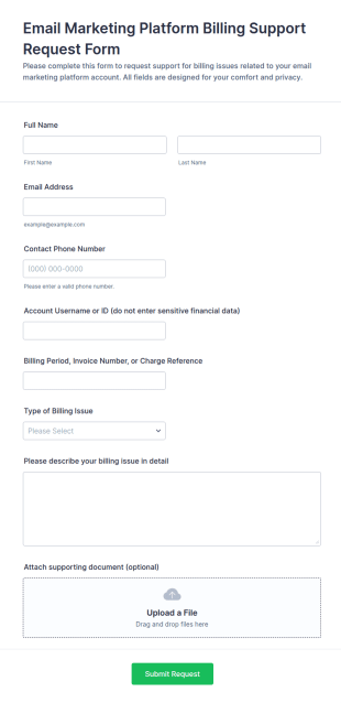 Email Marketing Platform Billing Support Request Form Template