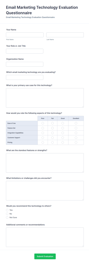 Email Marketing Technology Evaluation Questionnaire Form Template