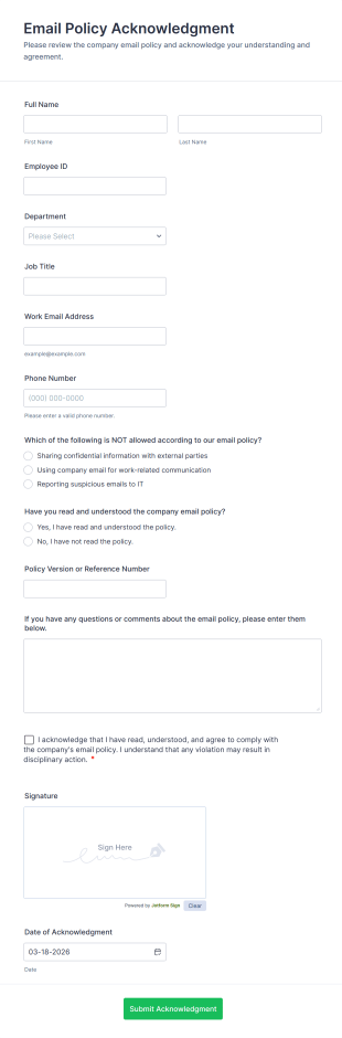 Email Policy Acknowledgment Form Template