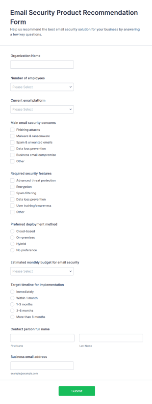 Email Security Product Recommendation Form Template
