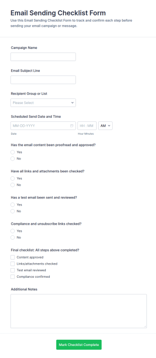 Email Sending Checklist Form Template