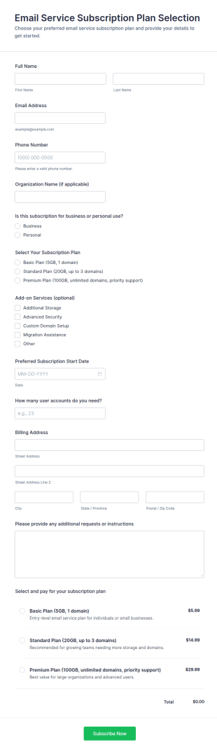 Email Service Subscription Plan Selection Form Template