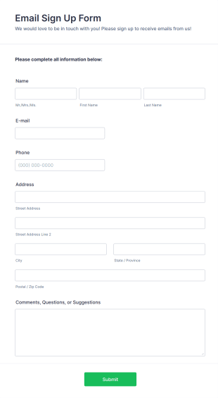 Email Signup Form Form Template