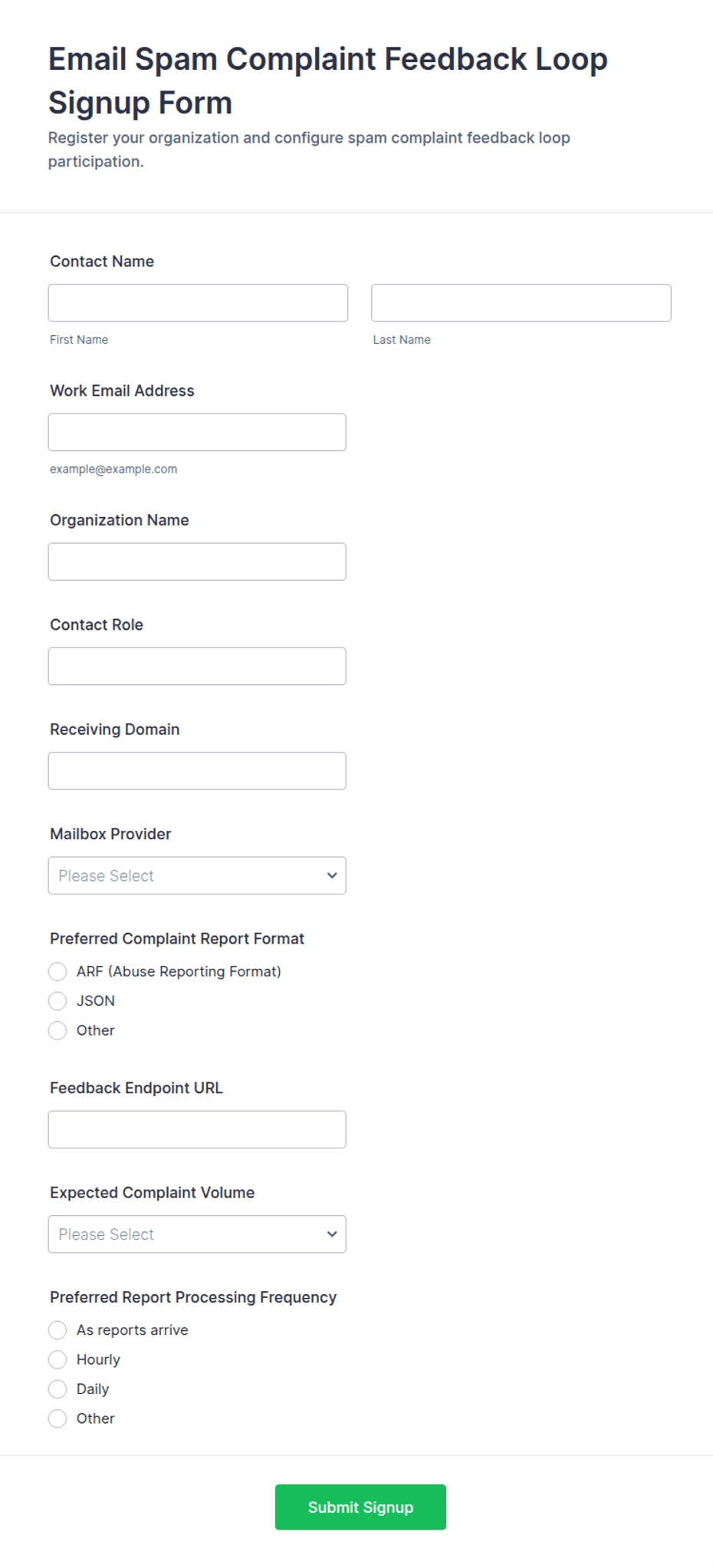 Email Spam Complaint Feedback Loop Signup Form Template | Jotform