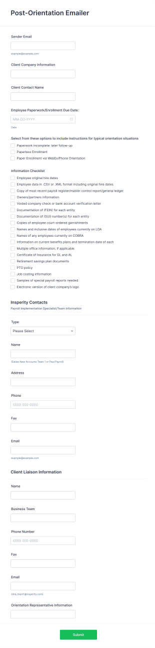 Post Orientation Email Information Form Template