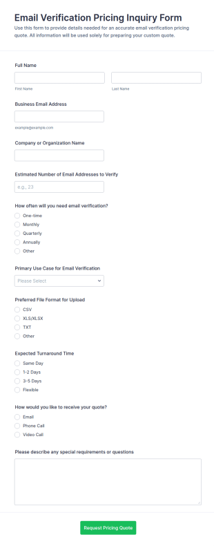Email Verification Pricing Inquiry Form Template
