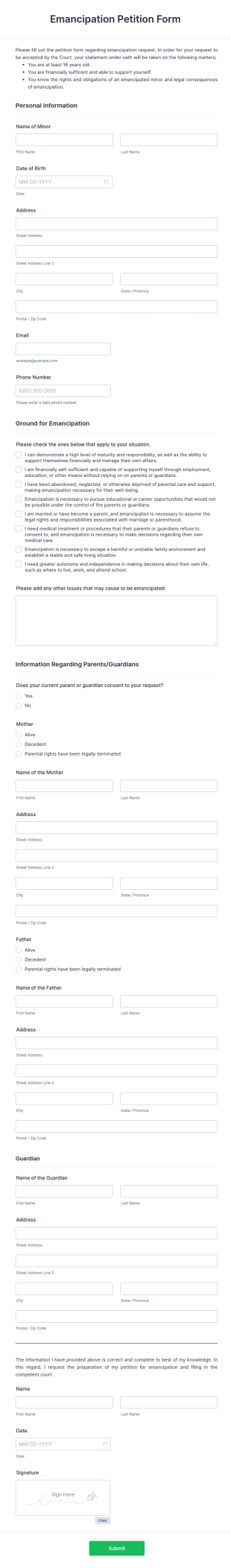 Emancipation Petition Form Template
