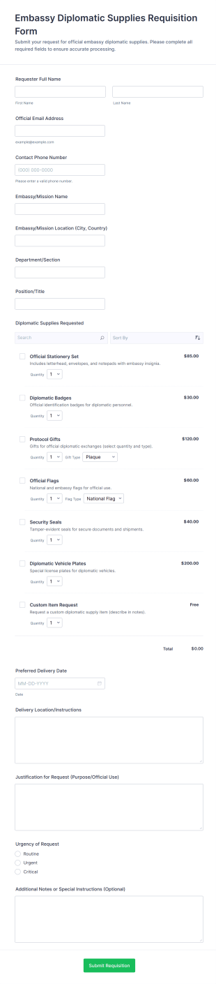 Embassy Diplomatic Supplies Requisition Form Template