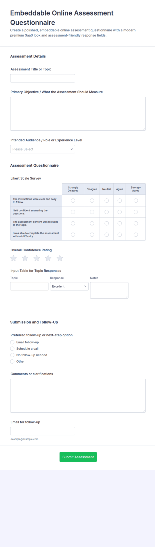 Embeddable Online Assessment Questionnaire Form Template