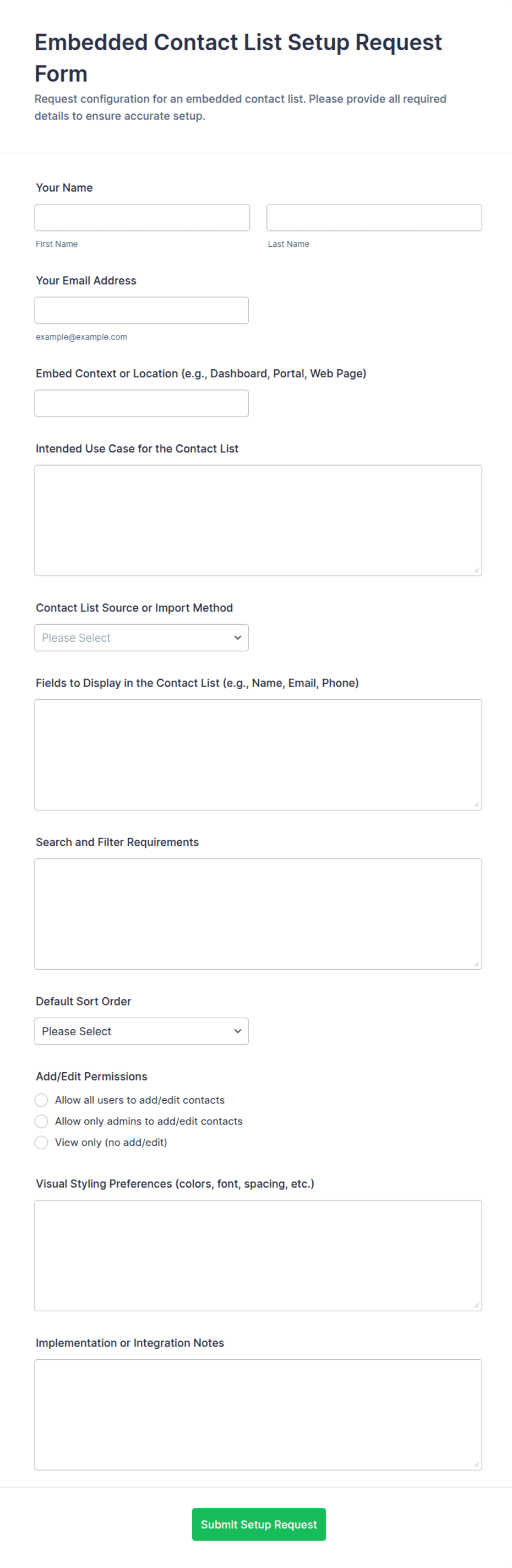 Embeded Table Embedded Contact List Setup Request Form Template | Jotform