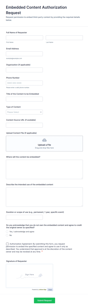 Embedded Content Authorization Request Form Template
