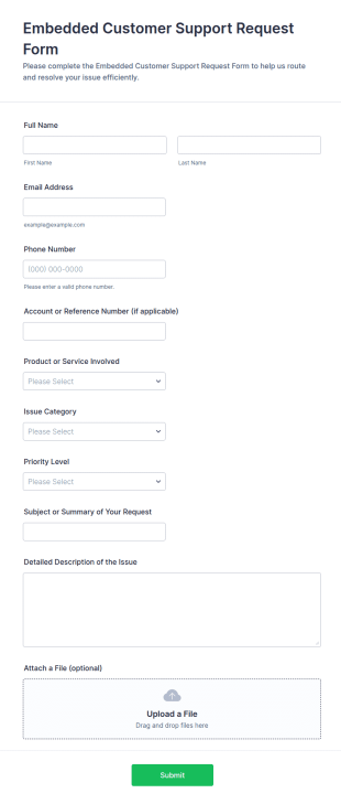 Embedded Customer Support Request Form Template