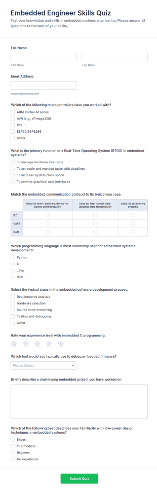 Embedded Engineer Skills Quiz Form Template