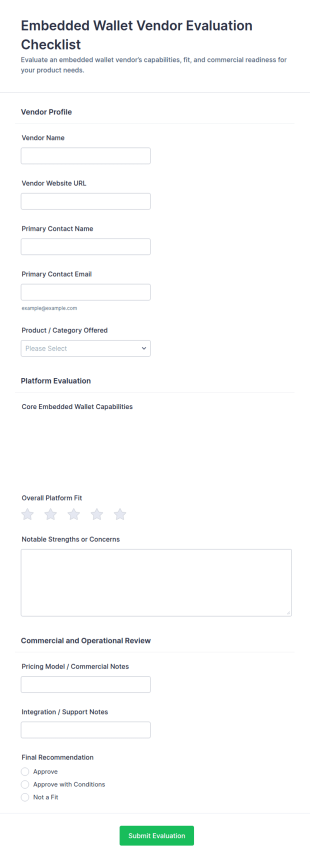 Embedded Wallet Vendor Evaluation Checklist Form Template