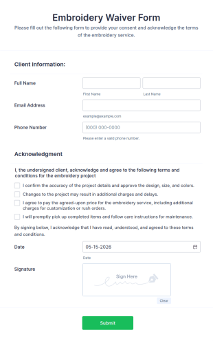 Embroidery Waiver Form Template