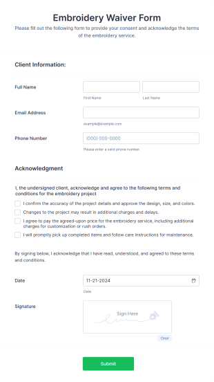 Embroidery Waiver Form Template