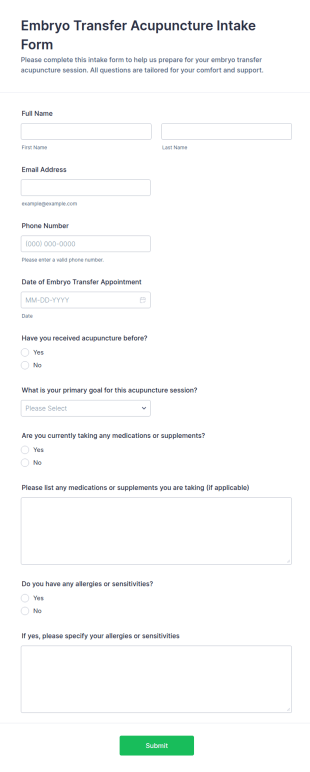 Embryo Transfer Acupuncture Intake Form Template