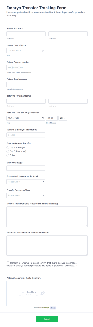 Embryo Transfer Tracking Form Template