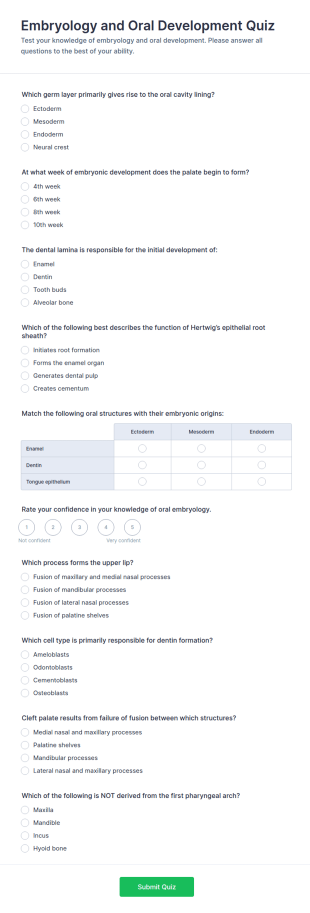 Embryology And Oral Development Quiz Form Template