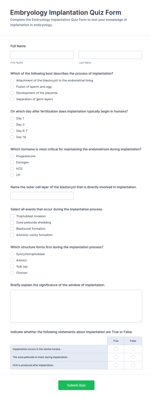 Embryology Implantation Quiz Form Template
