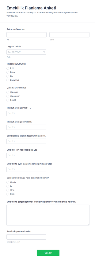 Emeklilik Planlama Anketi Form Şablonu