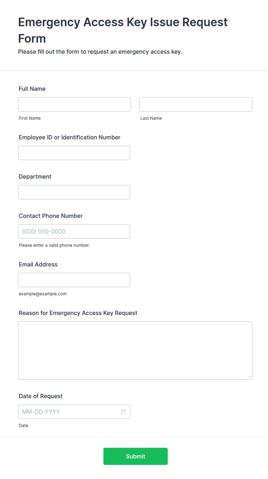 Issued Key Form Emergency Access Key Issue Request Form Template | Jotform