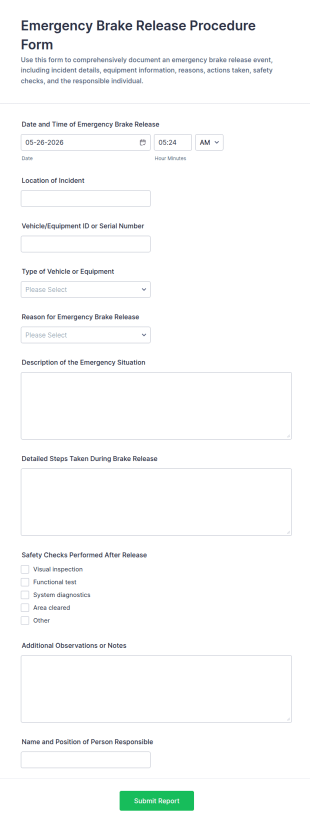 Emergency Brake Release Procedure Form Template