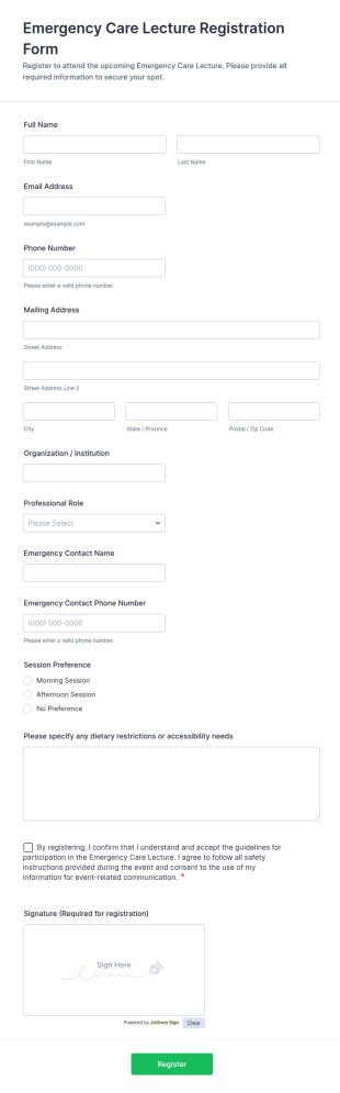 Emergency Care Lecture Registration Form Template