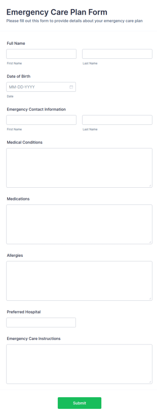 Emergency Care Plan Form Template