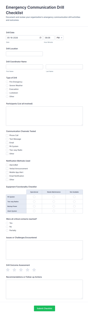 Emergency Communication Drill Checklist Form Template