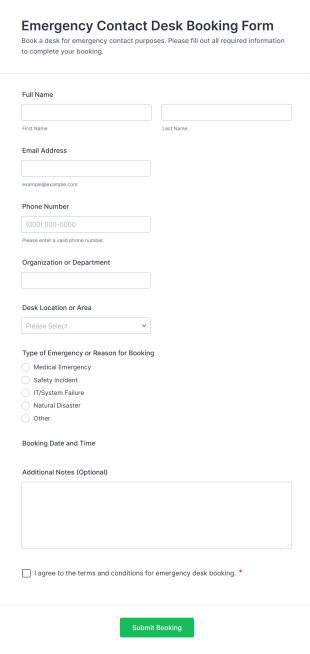 Emergency Contact Desk Booking Form Template