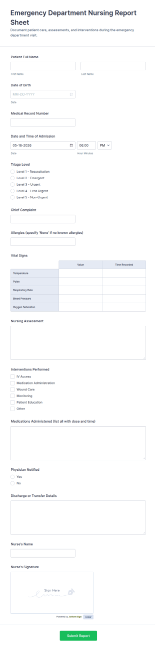 Emergency Department Nursing Report Sheet Form Template