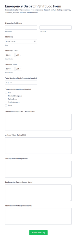 Emergency Dispatch Shift Log Form Template