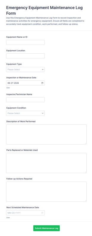 Emergency Equipment Maintenance Log Form Template