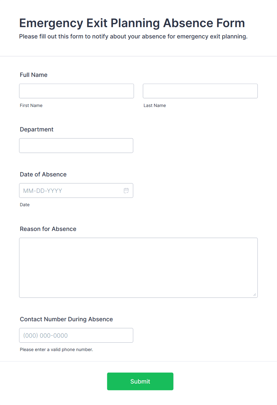 Emergency Exit Planning Absence Form Template | Jotform