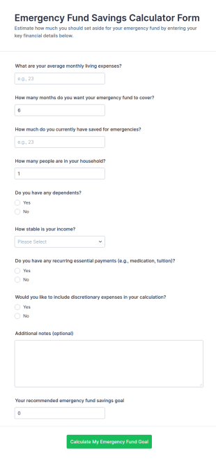 Emergency Fund Savings Calculator Form Template