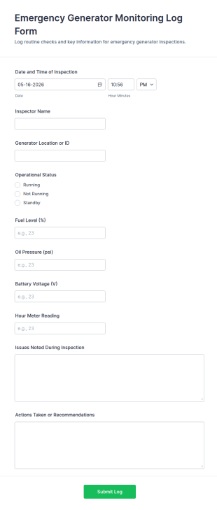 Emergency Generator Monitoring Log Form Template
