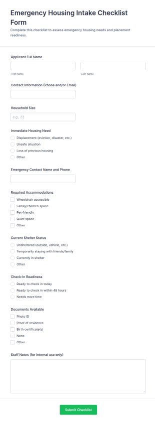 Emergency Housing Intake Checklist Form Template