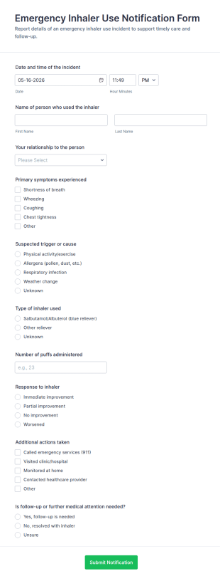 Emergency Inhaler Use Notification Form Template