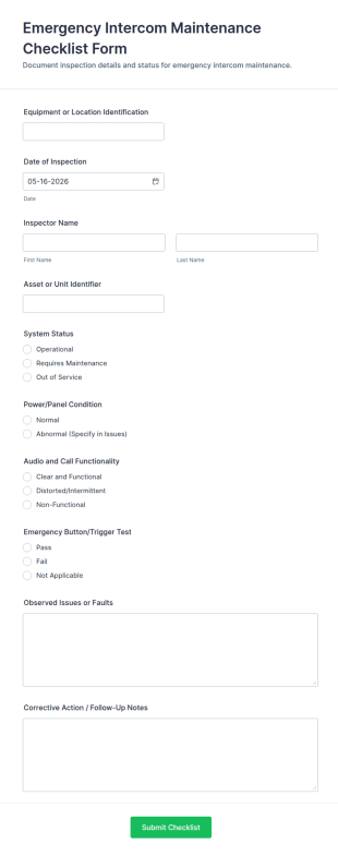 Emergency Intercom Maintenance Checklist Form Template
