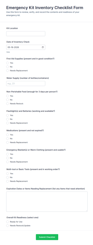 Emergency Kit Inventory Checklist Form Template