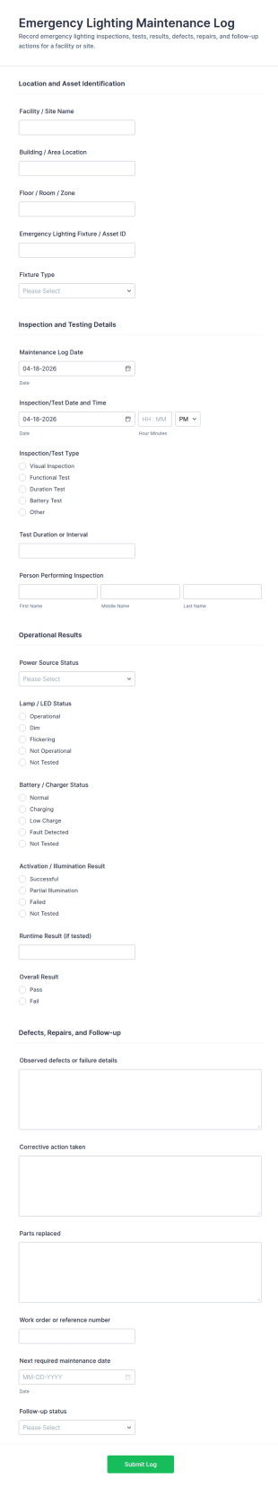 Emergency Lighting Maintenance Log Form Template