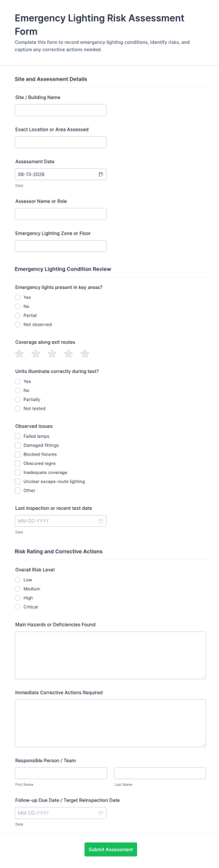 Emergency Lighting Risk Assessment Form Template