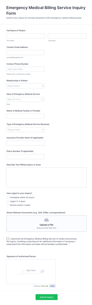 Emergency Medical Billing Service Inquiry Form Template