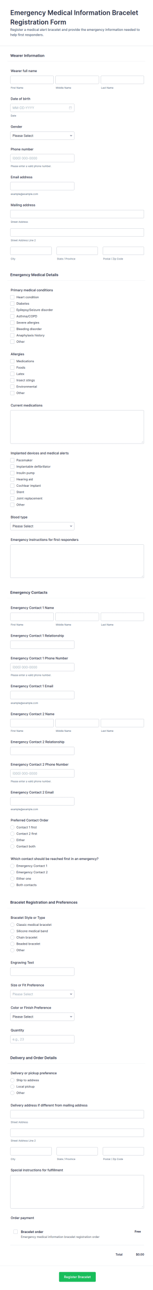 Emergency Medical Information Bracelet Registration Form Template