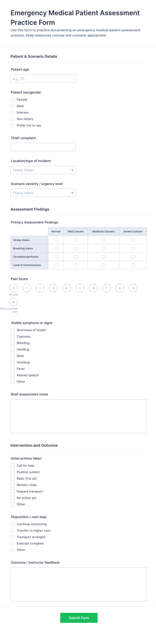 Emergency Medical Patient Assessment Practice Form Template