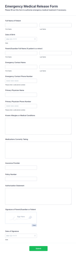 Emergency Medical Release Form Template