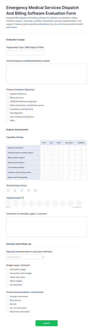 Emergency Medical Services Dispatch And Billing Software Evaluation Form Template