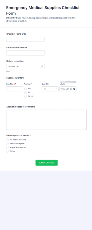 Emergency Medical Supplies Checklist Form Template